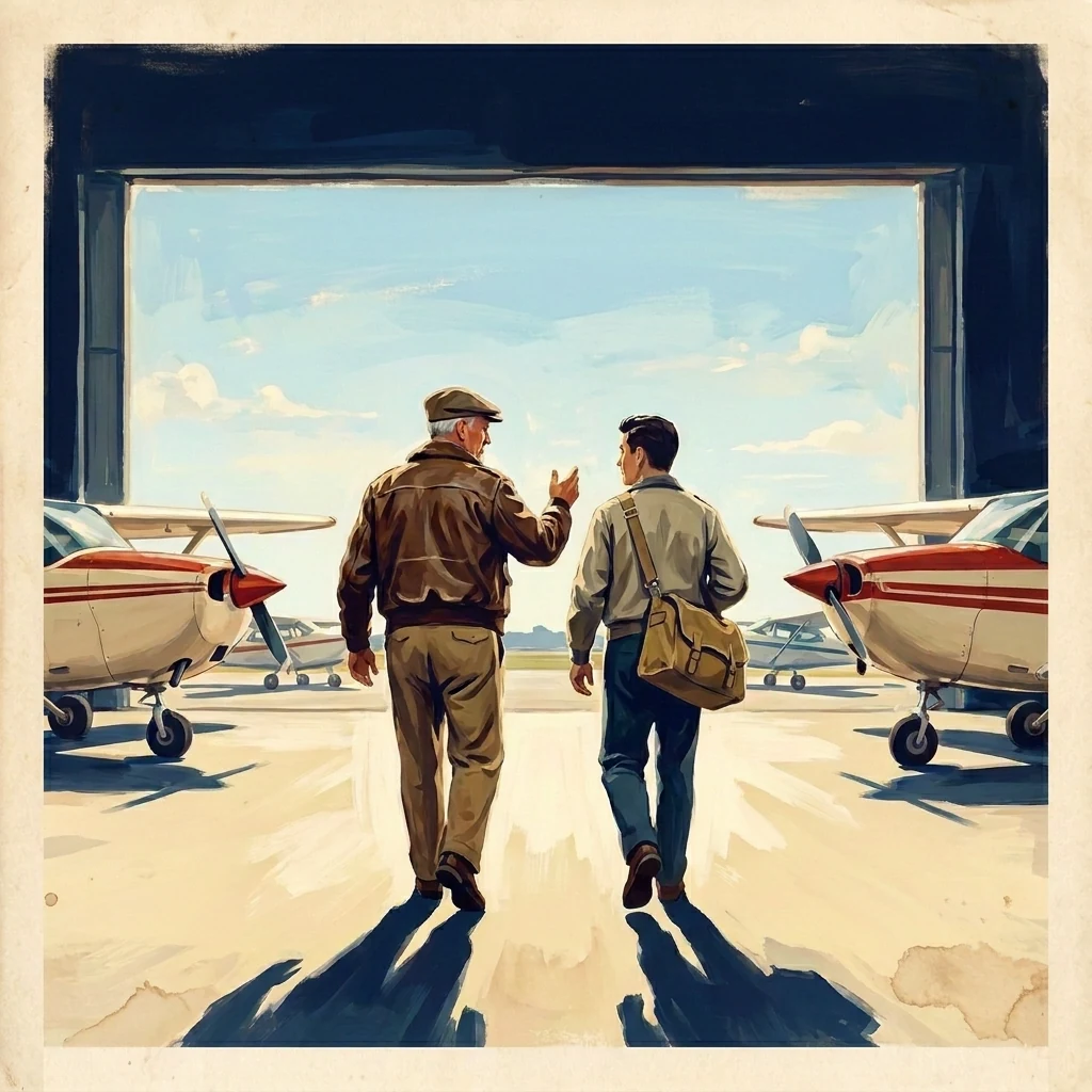 Painting of a flight instructor walking a student pilot out of a hangar onto the ramp, a light aircraft parked on either side of them